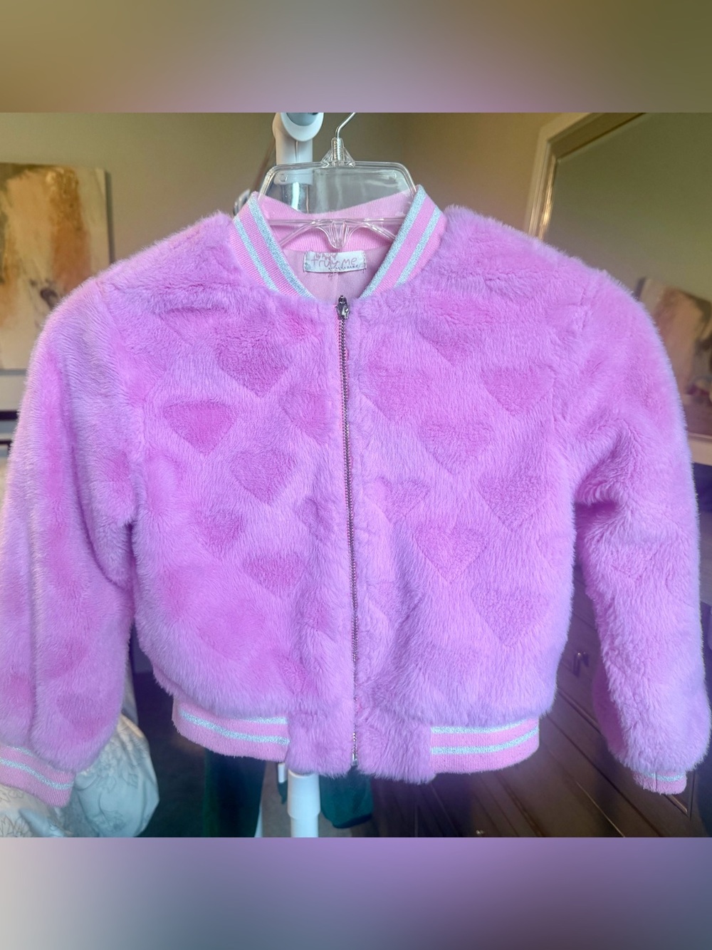Truly Me Pink Fuzzy Heart Bomber Jacket Size 6